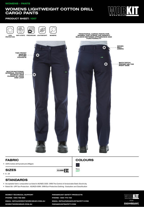 Womens Mid Weight Cotton Drill Navy Cargo Pants - in Various Sizes