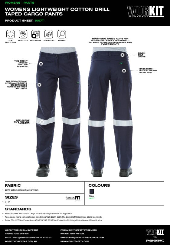 Womens Mid Weight Cotton Drill Taped Navy Cargo Pants - in Various Sizes