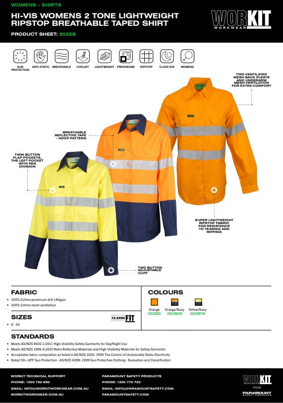 Womens Hi Vis Lightweight Ripstop Breathable Taped Shirt - 3 Colour Options in Various Sizes