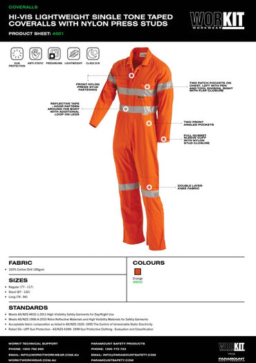 Hi Vis Taped Lightweight Orange Coverall with Nylon Press Studs - Various Sizes
