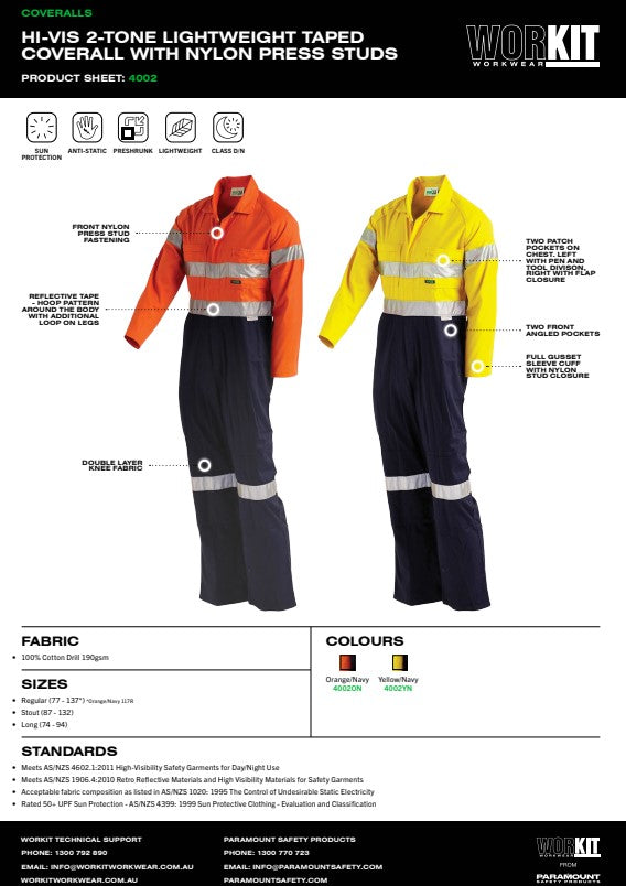 Hi Vis 2-Tone Lightweight Taped Coverall with Nylon Press Studs - 2 Colour Options in Various Sizes