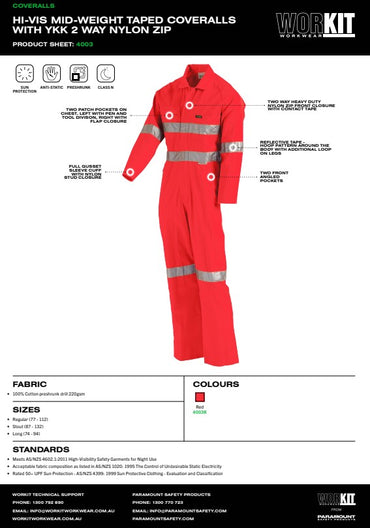 Hi Vis Mid-weight Taped Red Coverall with YKK 2 Way Nylon Zip - Various Sizes