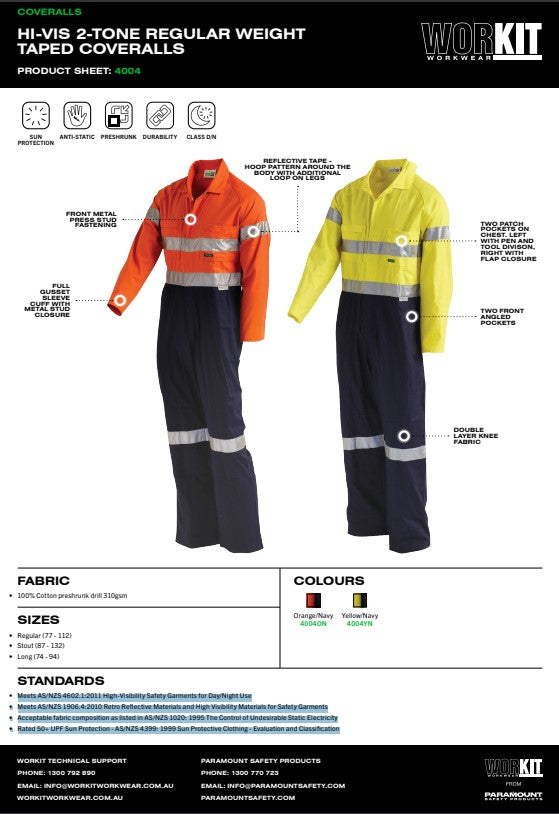 Hi Vis 2-Tone Regular Weight Taped Coverall with Metal Press Studs - 2 Colour Options in Various Sizes