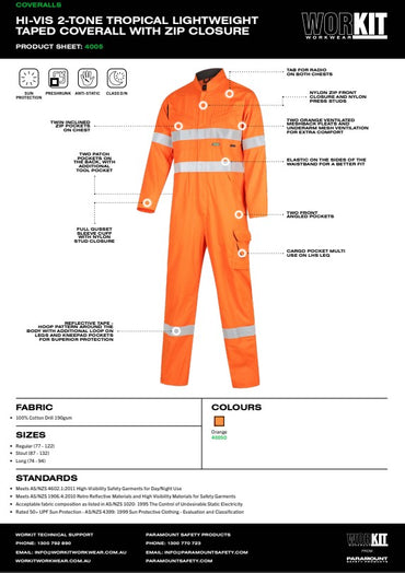 Hi Vis Tropical Orange Lightweight Taped Coverall with Zip Closure - Various Sizes