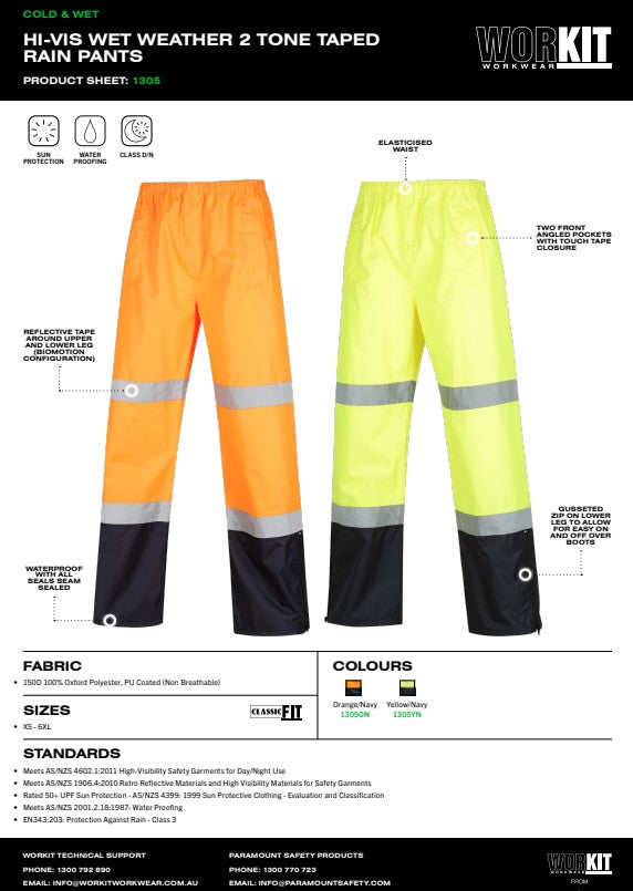 Hi Vis Taped Wet Weather Rain Pants - 2 Colour Options in Various Sizes