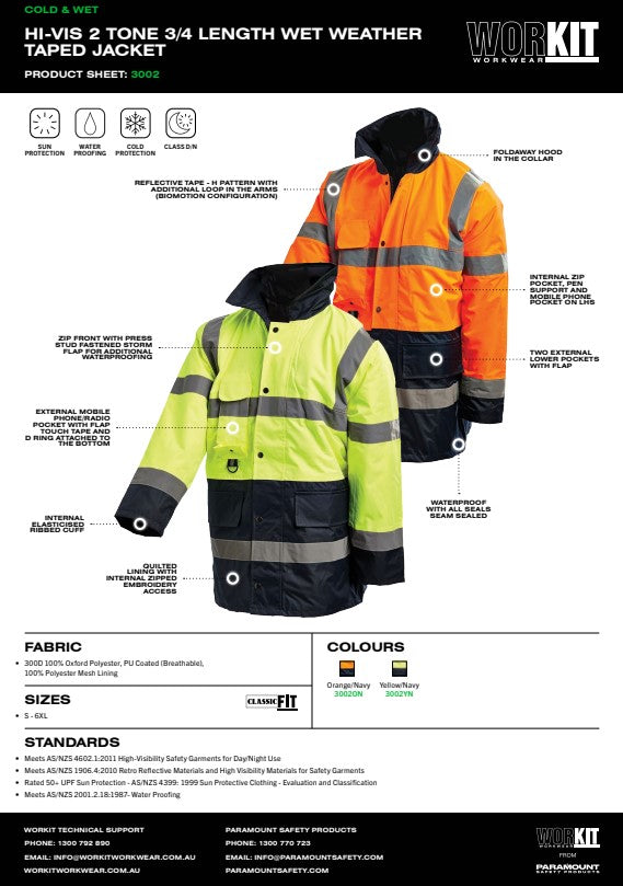 Hi Vis 2 Tone 3/4 Length Wet Weather Taped Jacket - 2 Colour Options in Various Sizes