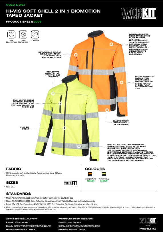 Hi Vis Taped 2 in 1 Soft Shell Biomotion Rain Jacket - 2 Colour Options in Various Sizes