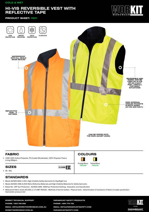 Hi Vis Reversible Vest with Reflective Tape - 2 Colour Options in Various Sizes