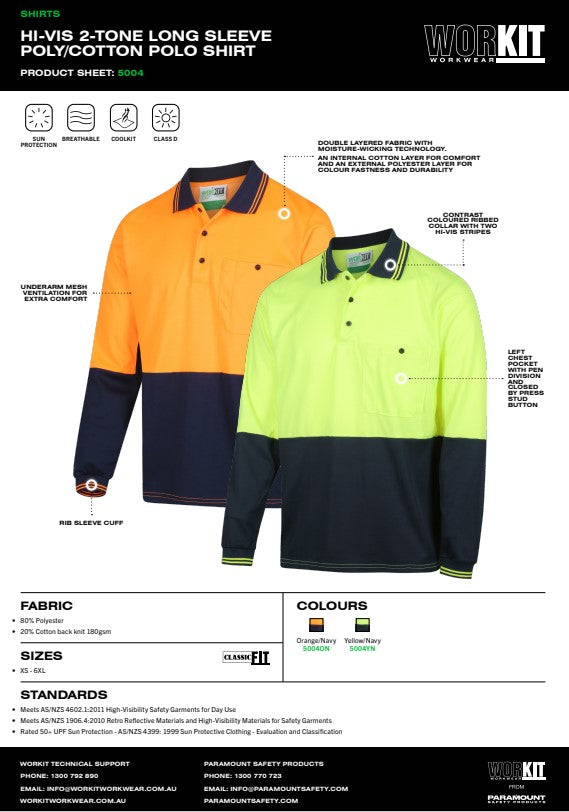 Hi Vis Long Sleeve Poly Cotton Polo Shirt - 2 Colour Options in Various Sizes