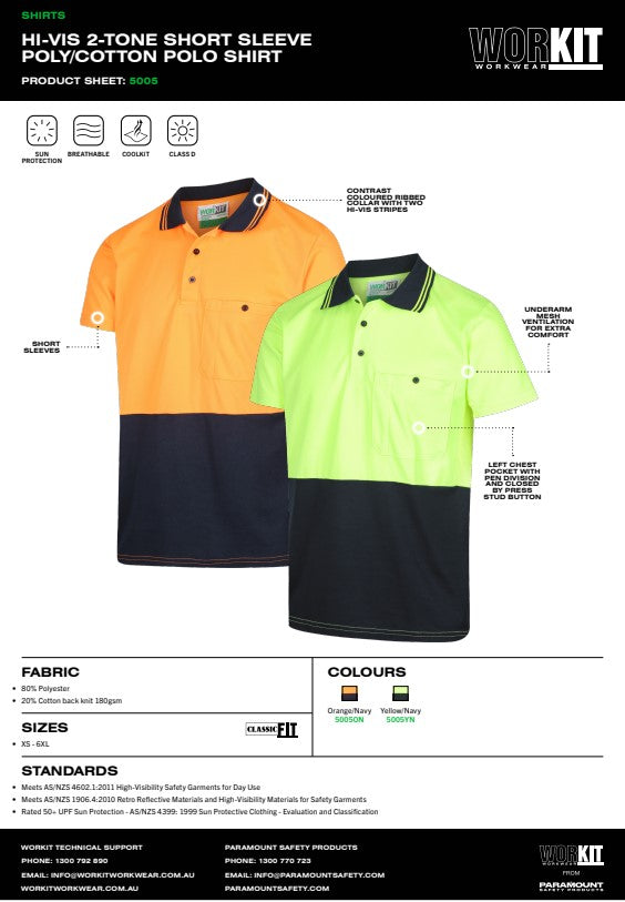 Hi Vis Short Sleeve Poly Cotton 2 Tone Polo Shirt - 2 Colour Options in Various Sizes