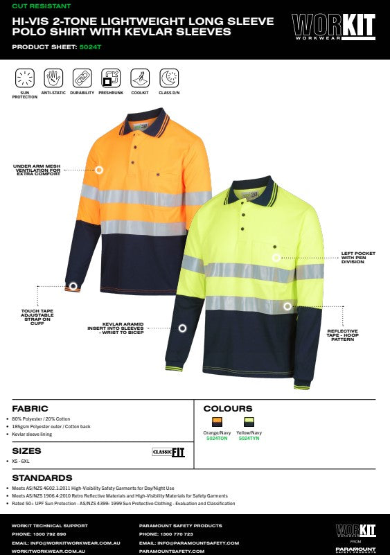 Kevlar Cut Protection Hi Vis Long Sleeve Taped Polo Shirt - 2 Colour Options in Various Sizes