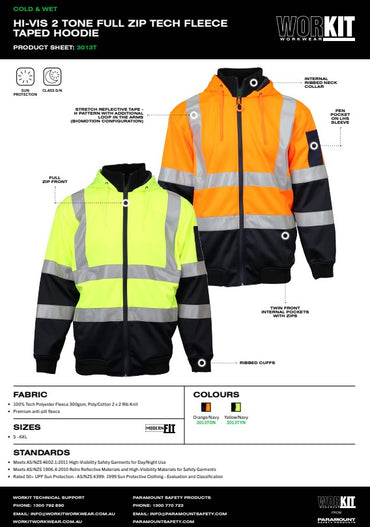 Hi Vis 2 Tone Full Zip Tech Fleece Taped Hoodie - 2 Colour Options in Various Sizes