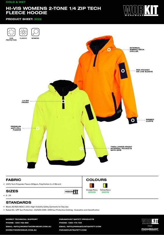 Womens Hi-Vis 1/4 Zip Tech Fleece Hoodie 2 colour options in Various Sizes