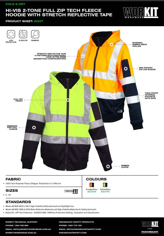 Womens Hi Vis Full Zip Tech Fleece Taped Hoodie - 2 Colour Options in Various Sizes