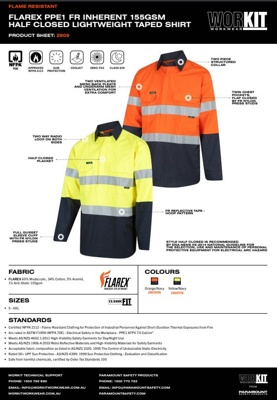 FLAREX PPE1 FR Inherent Closed Front NENS09 155gsm Lightweight Taped Shirt - 2 Colour Options in Various Sizes
