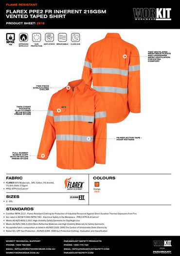 FLAREX PPE2 FR Inherent 215gsm Vented Orange Taped Shirt - Various Sizes