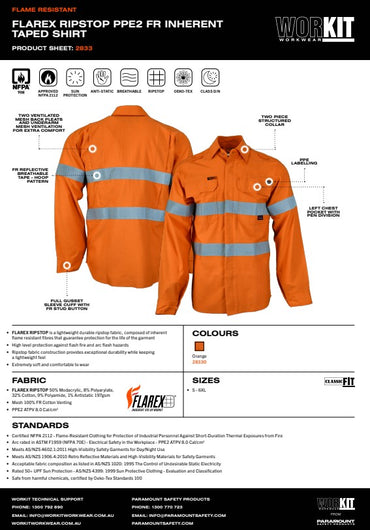 FLAREX RIPSTOP PPE2 FR Inherent 197gsm Taped Orange Shirt - Various Sizes