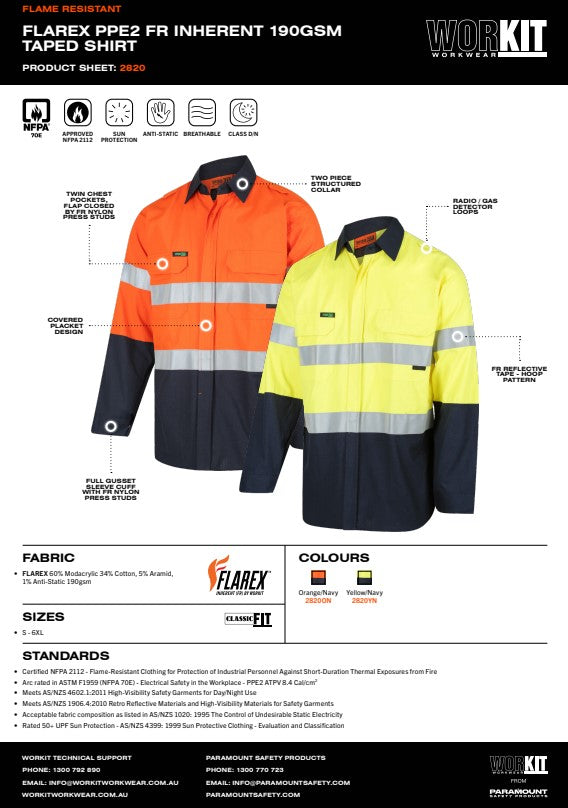 FLAREX PPE2 FR Inherent 190gsm Taped Shirt - 2 Colour Options in Various Sizes