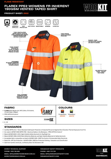 Womens FLAREX PPE2 FR Inherent 190gsm Taped Shirt - 2 Colour Options In Various Sizes