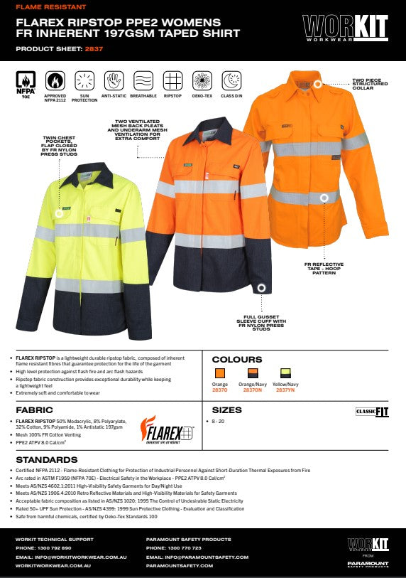 Womens FLAREX RIPSTOP PPE2 FR Inherent 197gsm Taped Shirt - Various Sizes
