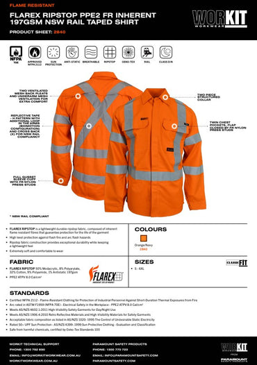 FLAREX RipStop PPE2 FR Inherent 197gsm NSW Rail Taped Orange Shirt - Various Sizes
