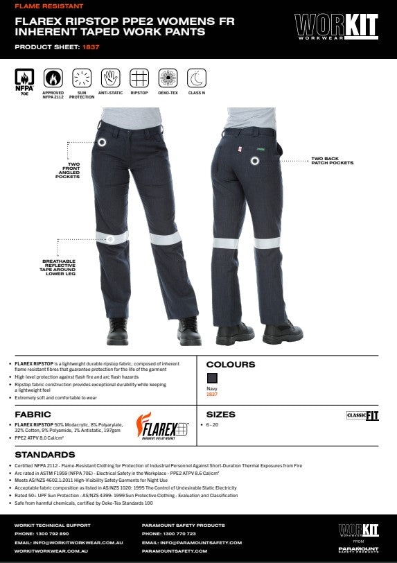 Womens FLAREX RIPSTOP PPE2 FR Inherent 197gsm Taped Navy Work Pants - Various Sizes