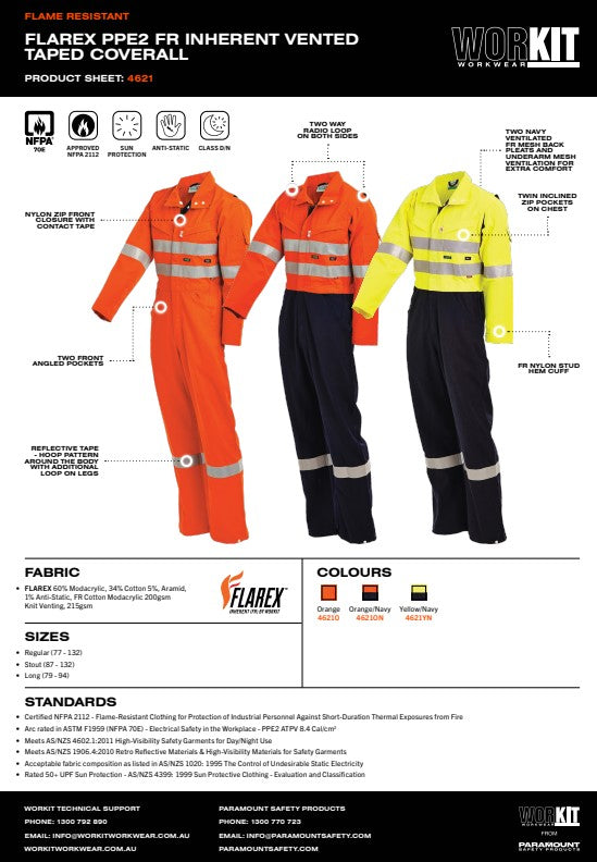 PPE2 FLAREX Flame Resistant Inherent 215gsm Vented Taped Coverall - 3 Colour Options in Various Sizes