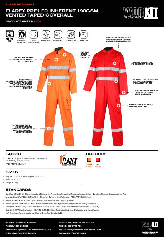 PPE1 FLAREX Flame Resistant Inherent 190gsm Vented Taped Coverall - 2 Colour Options in Various Sizes