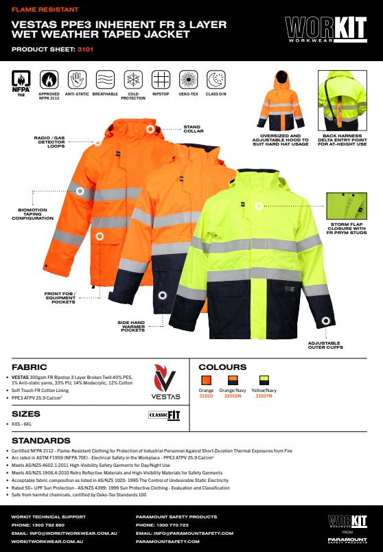 VESTAS PPE3 Inherent FR 3 Layer Wet Weather Taped Jacket - 3 Colour Options in Various Sizes