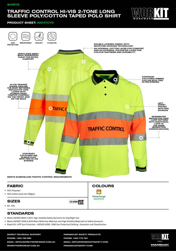 Hi Vis Traffic Control Long Sleeve Poly Cotton Polo Shirt - 2 Colour Options in Various Sizes