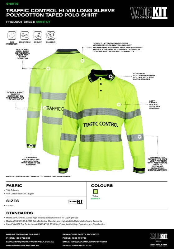 Hi Vis Traffic Control Long Sleeve Poly Cotton Polo Shirt - 2 Colour Options in Various Sizes