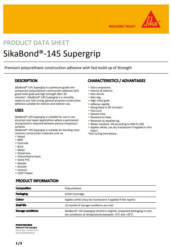 SikaBond 145 SuperGrip Construction Adhesive 310ml Cartridge - Box of 12