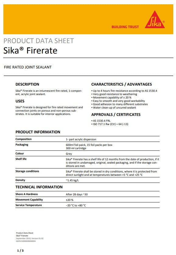 Sika Firerate Joint Sealant 600ml Sausages Box of 15 or 300ml Cartridges Box of 12