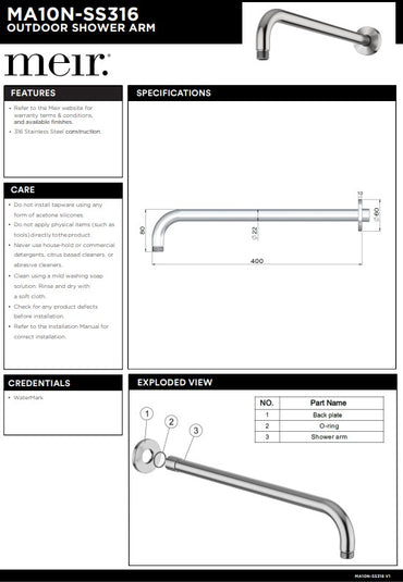 Meir Outdoor Lifestyle Round Wall Shower Arm 400mm - SS316