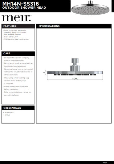 Meir Outdoor Lifestyle Round Wall Shower Rose 200mm - SS316