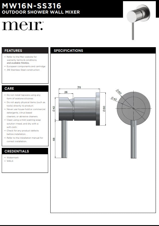 Meir Outdoor Lifestyle Round Wall Mixer - SS316