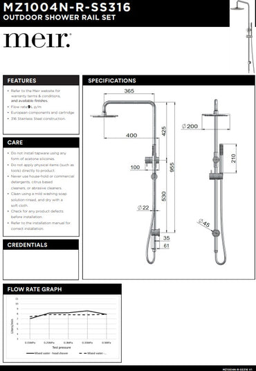 Meir Outdoor Lifestyle Combination Shower Rail - SS316