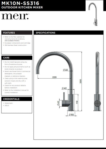 Meir Outdoor Lifestyle Kitchen Mixer - SS316