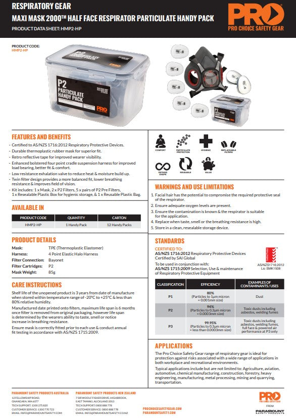 Pro Choice Maxi Mask 2000 Half Face Respirator Handy Pack - Chemical, Particulate or Spraying Protection