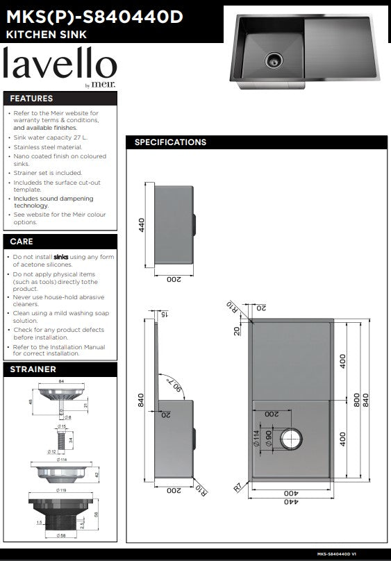 Meir Lavello Single Bowl Kitchen Sink with Drainboard 840 x 440mm - 3 Colour Finishes