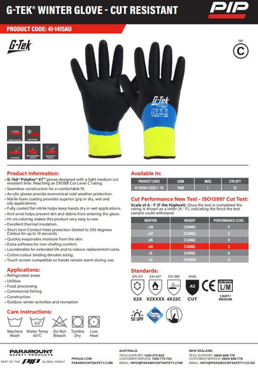 G-Tek Winter Glove Cut C Gloves - 1, 6 or 12 Pairs in 5 Size Options