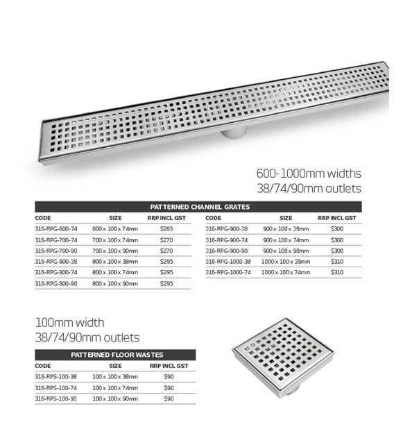 Radiant 316 Stainless Steel Linear Patterned Shower Grate - Various Lengths and Outlet Sizes