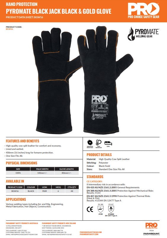 Pro Choice Pyromate Black Jack Black and Gold Welders Gloves Large - 6 or 12 Pairs