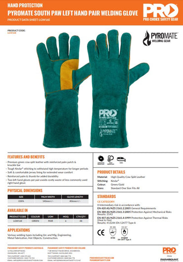 Pyromate South Paw Left Hand Pair - Green & Gold Kevlar Gloves - 6 Pairs
