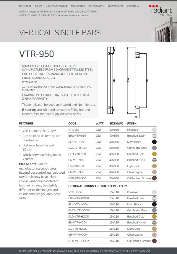 Radiant Single Vertical ROUND Bar Heated Towel Rail 950mm Tall - Various Colour Finishes