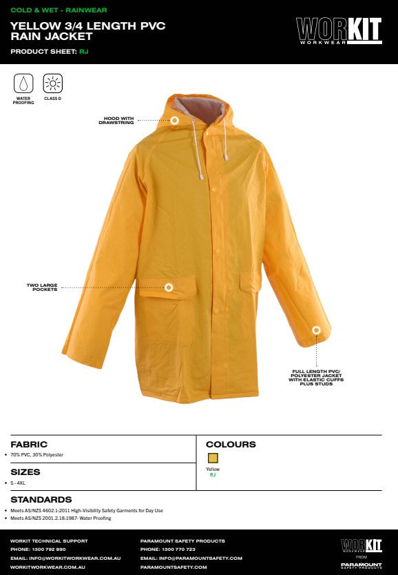 Pro Choice Yellow 3/4 Length PVC Rain Jacket - Various SIzes