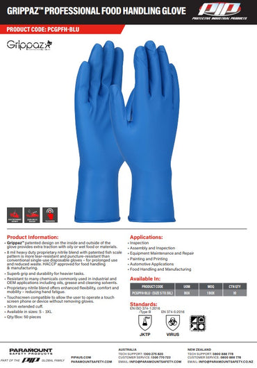 GRIPPAZ Food Plus 8mil 30cm Extended Use Gloves - 50 or 500 Pieces in 6 Size Options