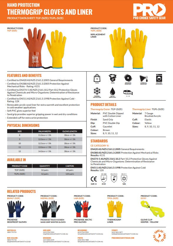 Pro Choice ThermoGrip Glove with Removable Winter Liner - 12 Pairs in 3 Size Options