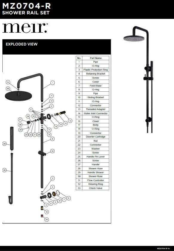 Meir Round Combination Shower Rail 200mm Rose + Single Function Hand Shower - Various Colour Finishes