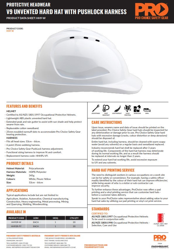 Pro Choice V9 Hard Hat Unvented Pushlock Harness - White